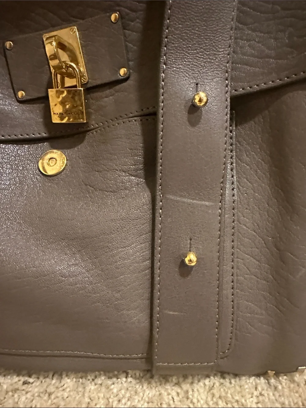 Marc Jacobs Taupe Stanton Leather Top-Handle Satchel with Gold Hardware.